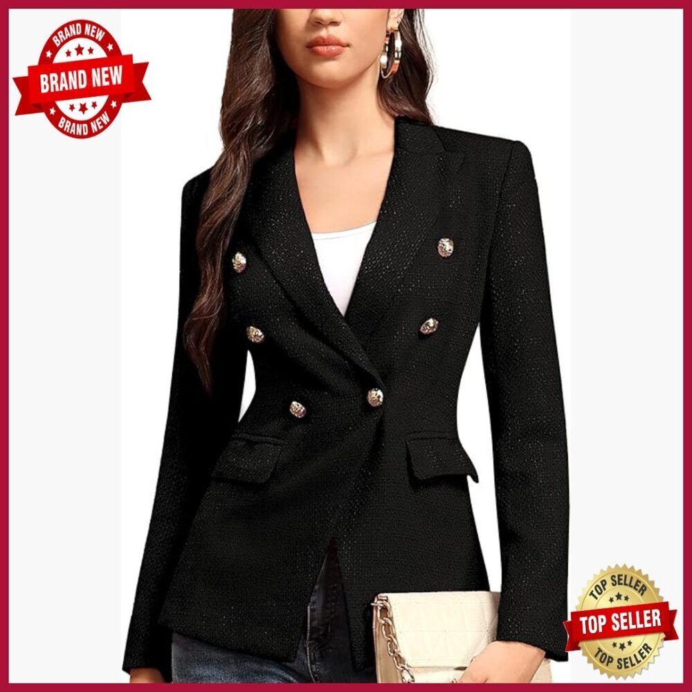 Double Breasted Blazer Tweed Fabric Tailored Fit Office Jacket